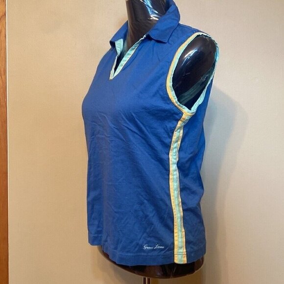 Y2K Preppy Vibes Grace Lane Collared Sleeveless Polo Top Blue Mint Trim Medium - Picture 2 of 10